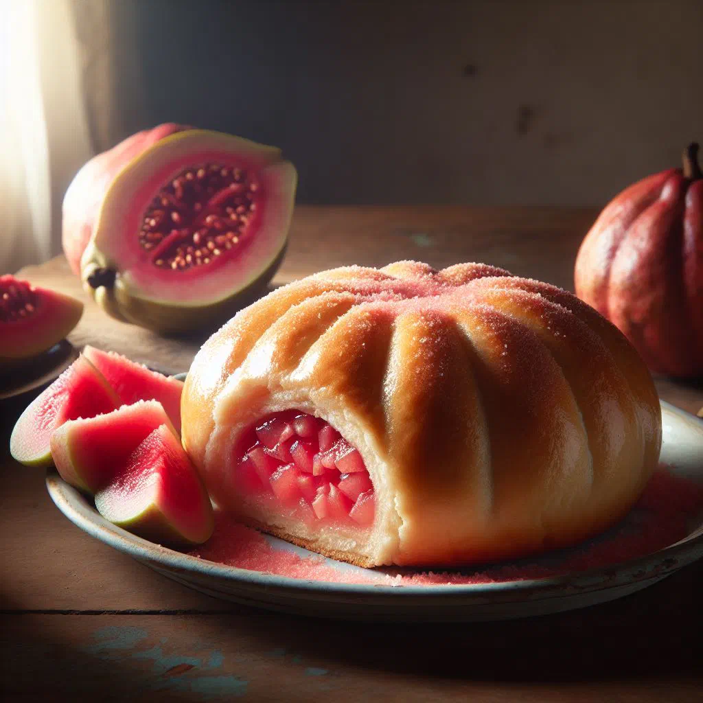 Sliced steamed guava duff pudding served warm with vanilla sauce