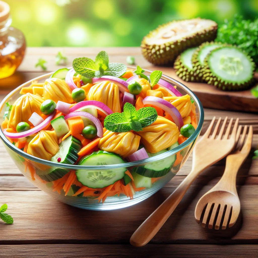 Colourful jackfruit salad with peppers, cucumber and fresh coriander