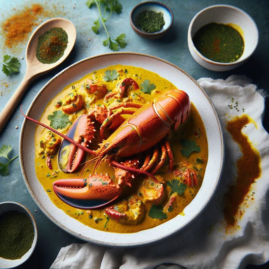 Creamy lobster curry with peppers and coconut milk, garnished with fresh coriander