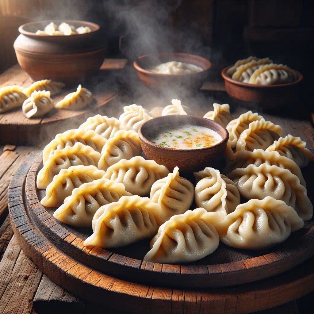 Steamed madongo dumplings on a plate with fresh herbs