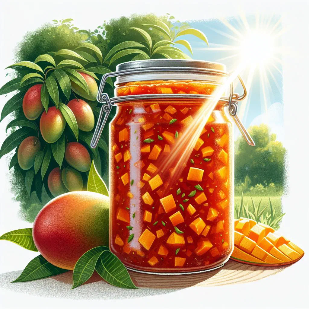 Bowl of golden mango chutney with chilli and fresh herbs