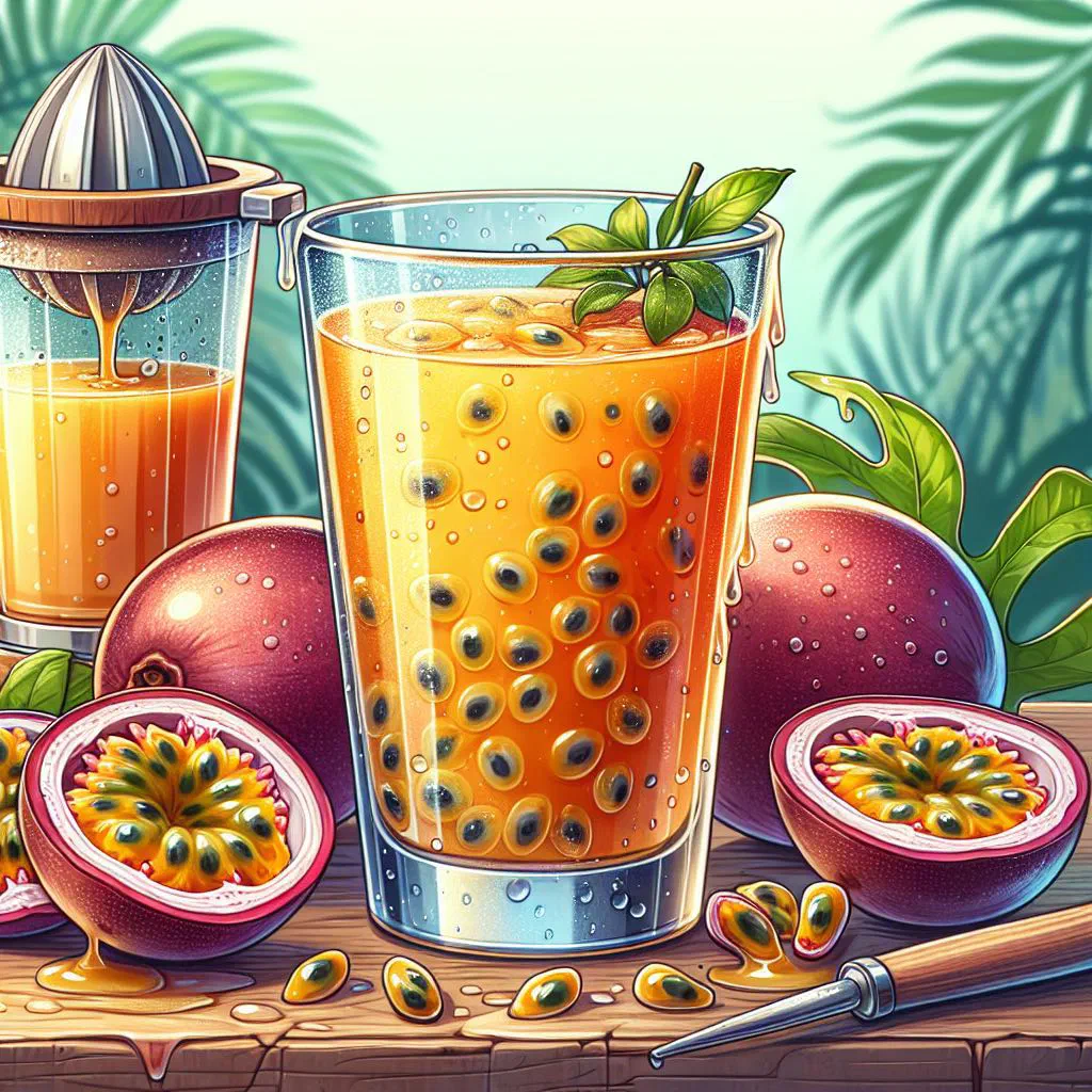 Glass of chilled passion fruit juice with ice and fresh passion fruit halves