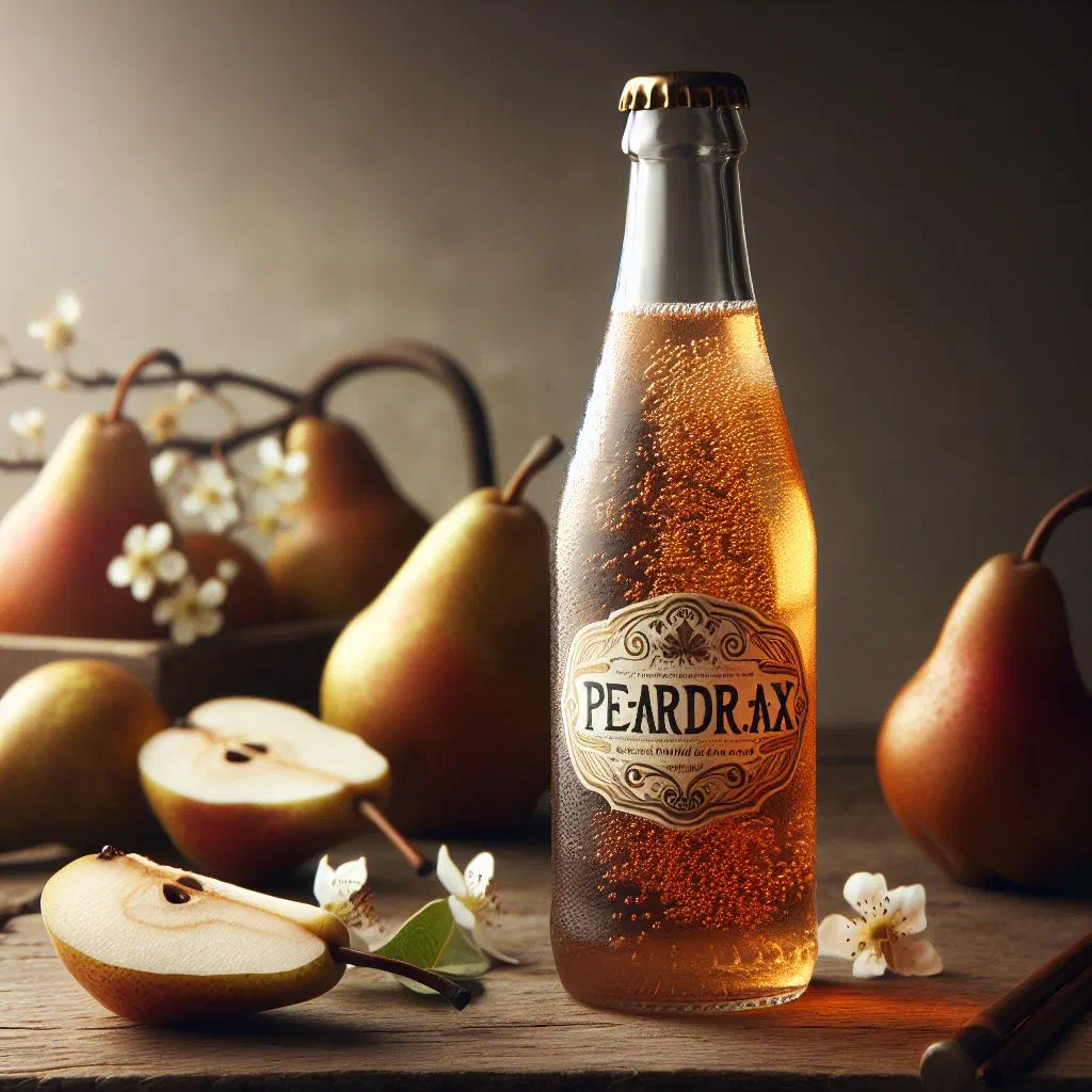 Tall glass of sparkling pear drink garnished with mint and lime