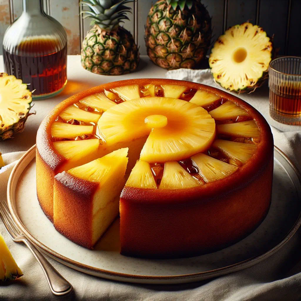 Golden pineapple rum cake topped with fresh pineapple pieces