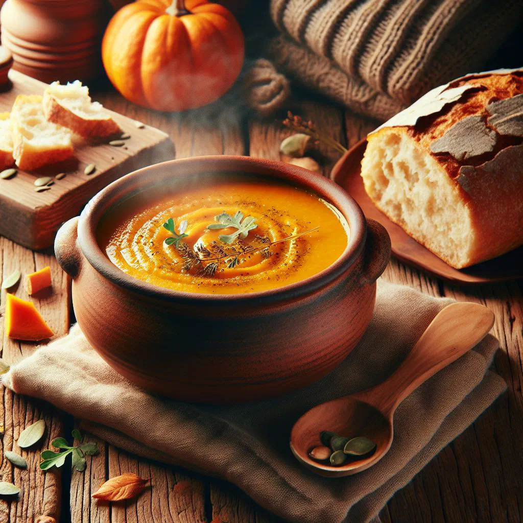 Creamy Caribbean pumpkin soup in a bowl with a swirl of coconut milk and toasted seeds