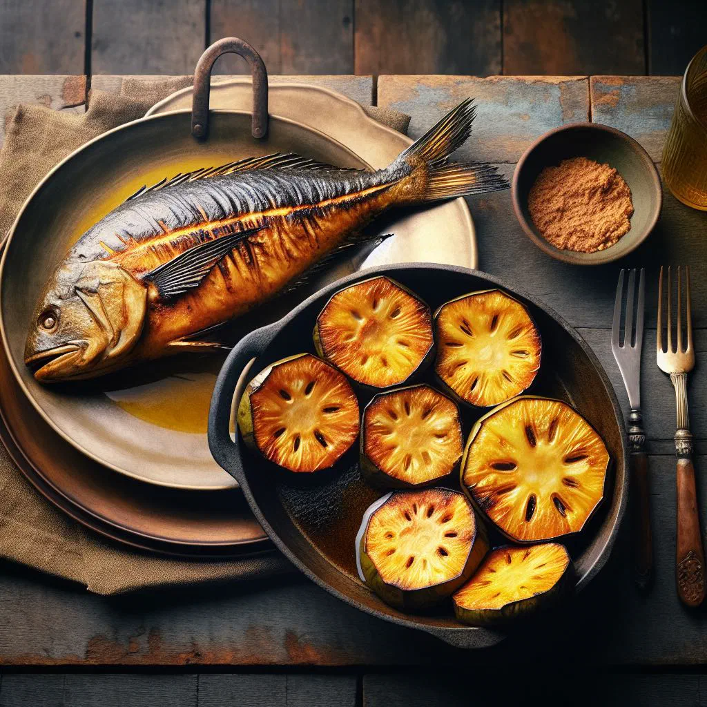 Golden roasted breadfruit slices served with seasoned jackfish fillets and fresh herbs