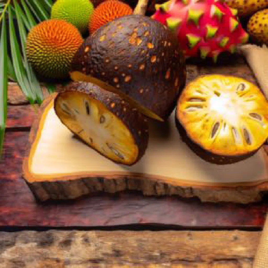 Golden roasted breadfruit slices garnished with fresh herbs