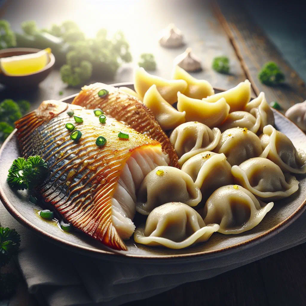 Flaked saltfish with soft boiled dumplings on a plate