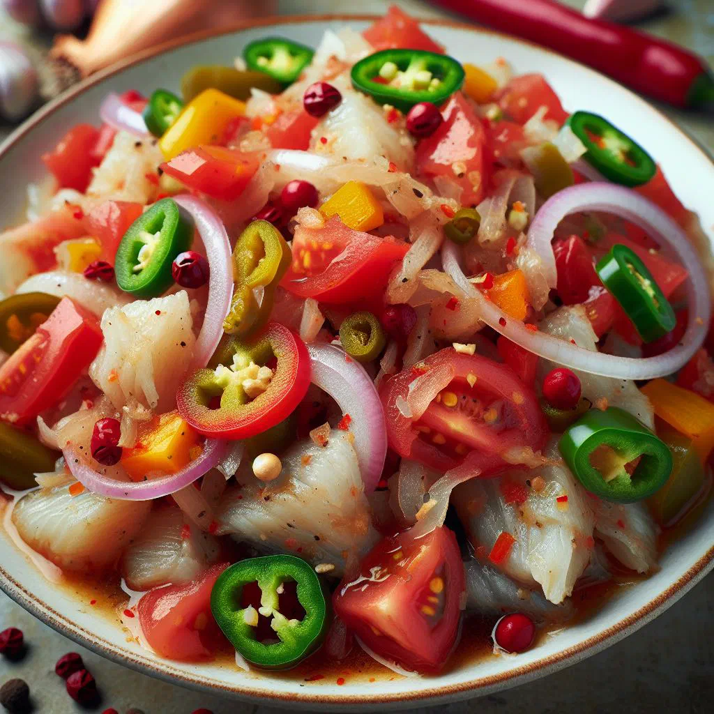 Saltfish buljol with flaked salt cod, tomatoes, peppers and onions