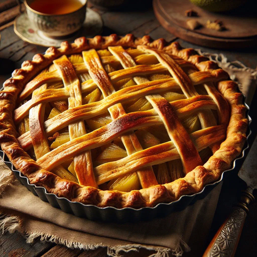 Golden-baked spiced breadfruit pie with a slice lifted out