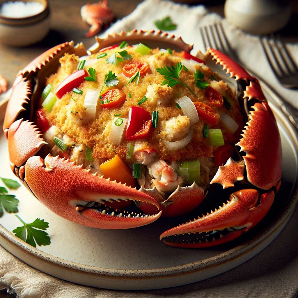 Baked stuffed crab shells with a golden breadcrumb topping and lime wedges
