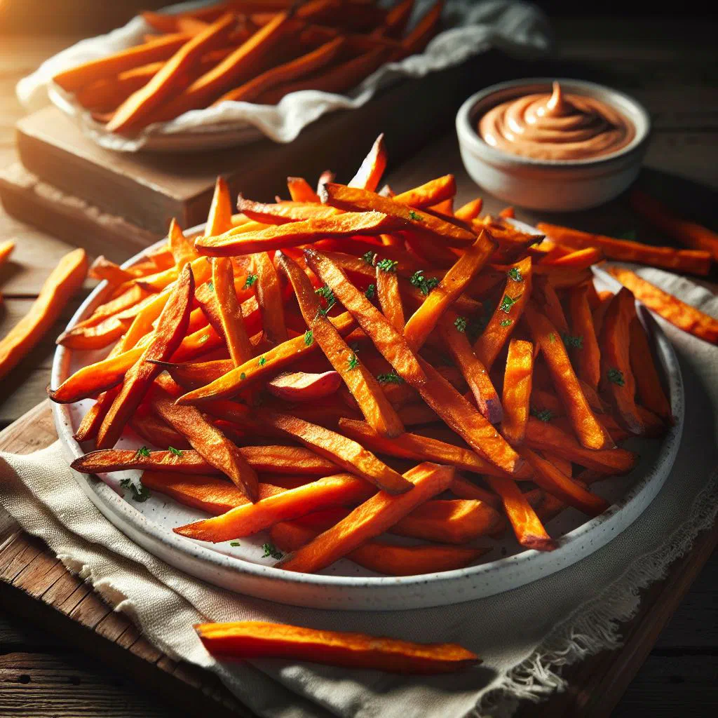 Golden baked sweet potato fries served with a creamy dip