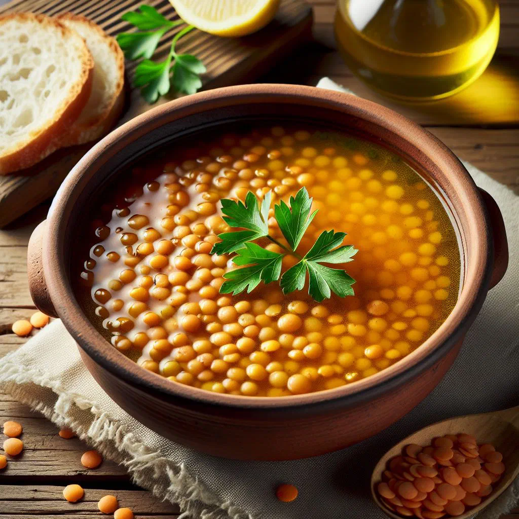 A bowl of Sudanese adas red lentil soup garnished with fresh herbs