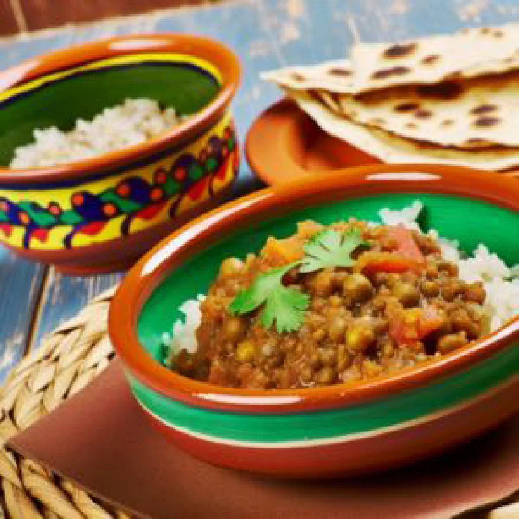 Bowl of Sudanese lentils and rice garnished with fresh coriander
