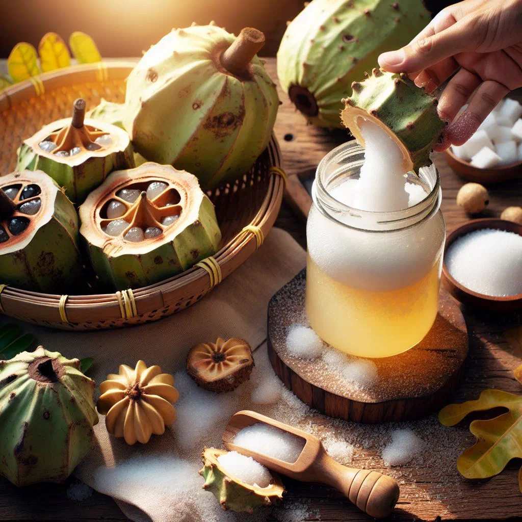 A glass of chilled baobab juice with ice and a slice of lime