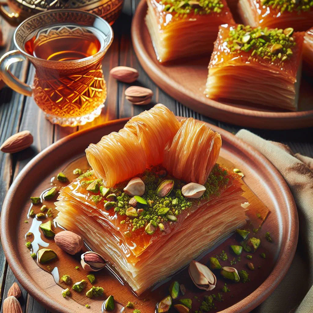 Diamond-cut baqlawa layered with nuts and glazed with honey syrup