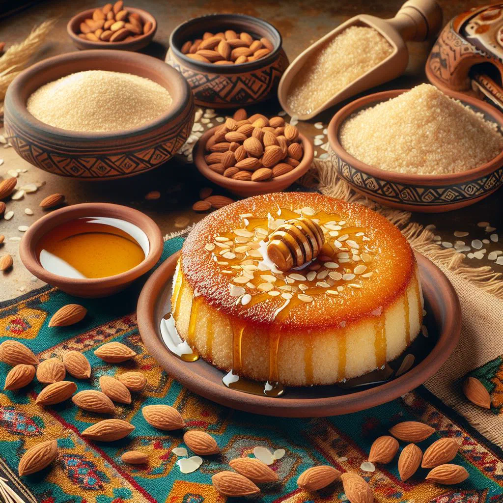 Golden squares of basbousa semolina cake topped with almonds