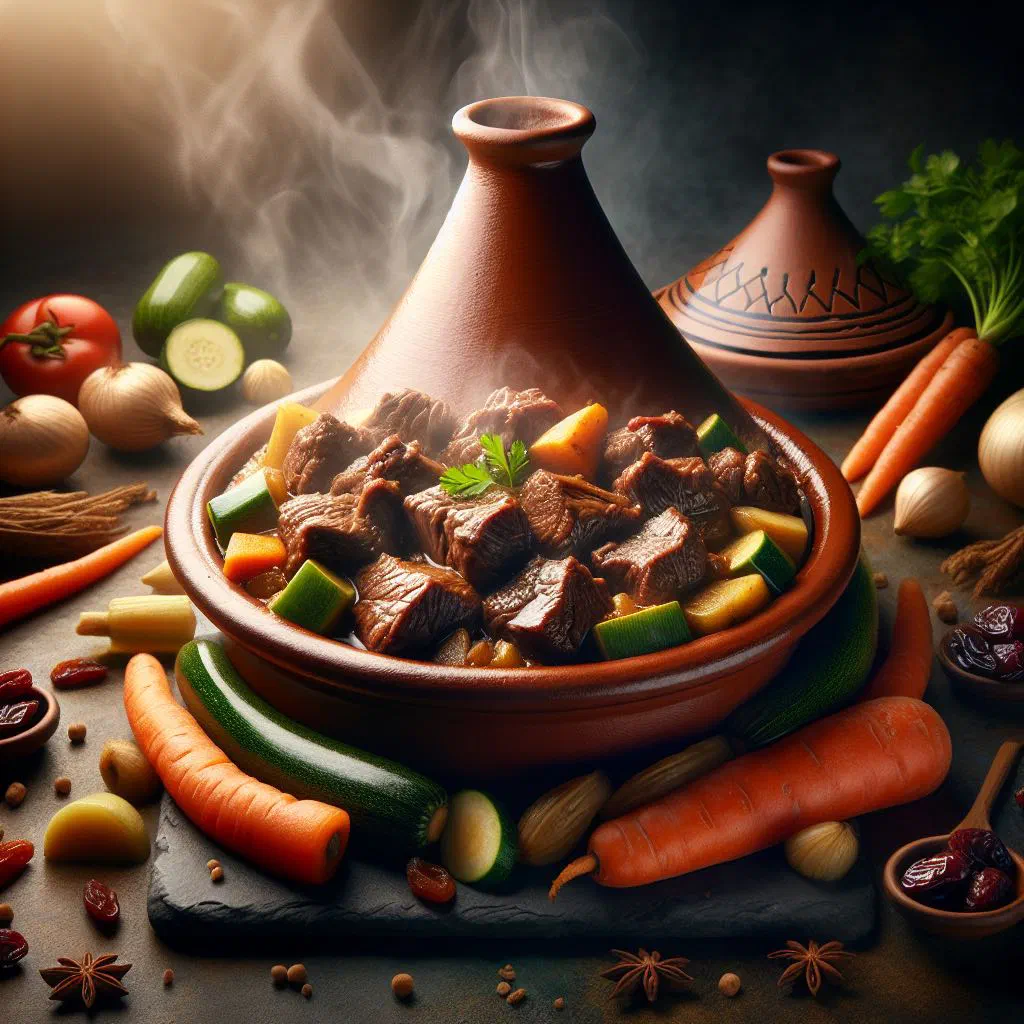 Beef tagine with tender beef, chickpeas and dried apricots in a rich sauce