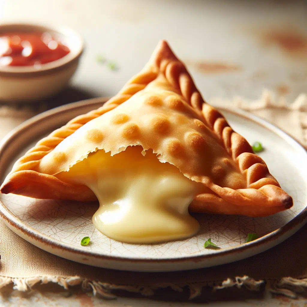 Golden fried cheese sambusa pastries on a serving plate