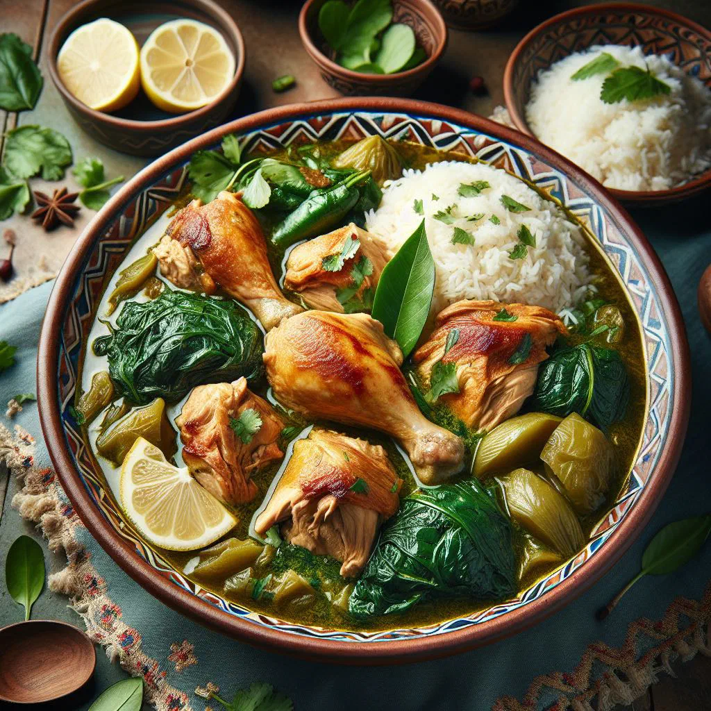 Bowl of Sudanese chicken mulukhiyah served with rice