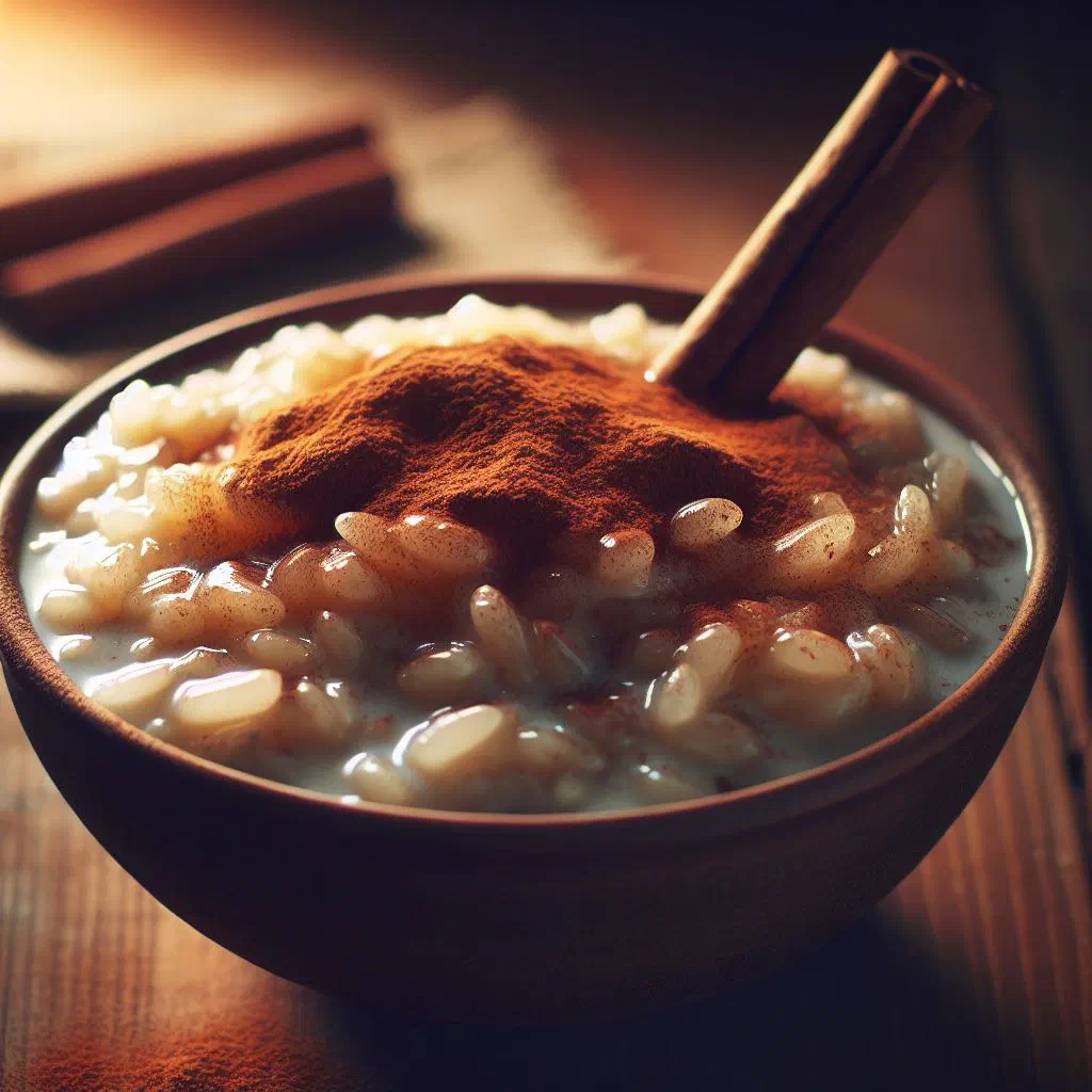 Creamy cinnamon rice pudding in a bowl dusted with ground cinnamon and chopped nuts