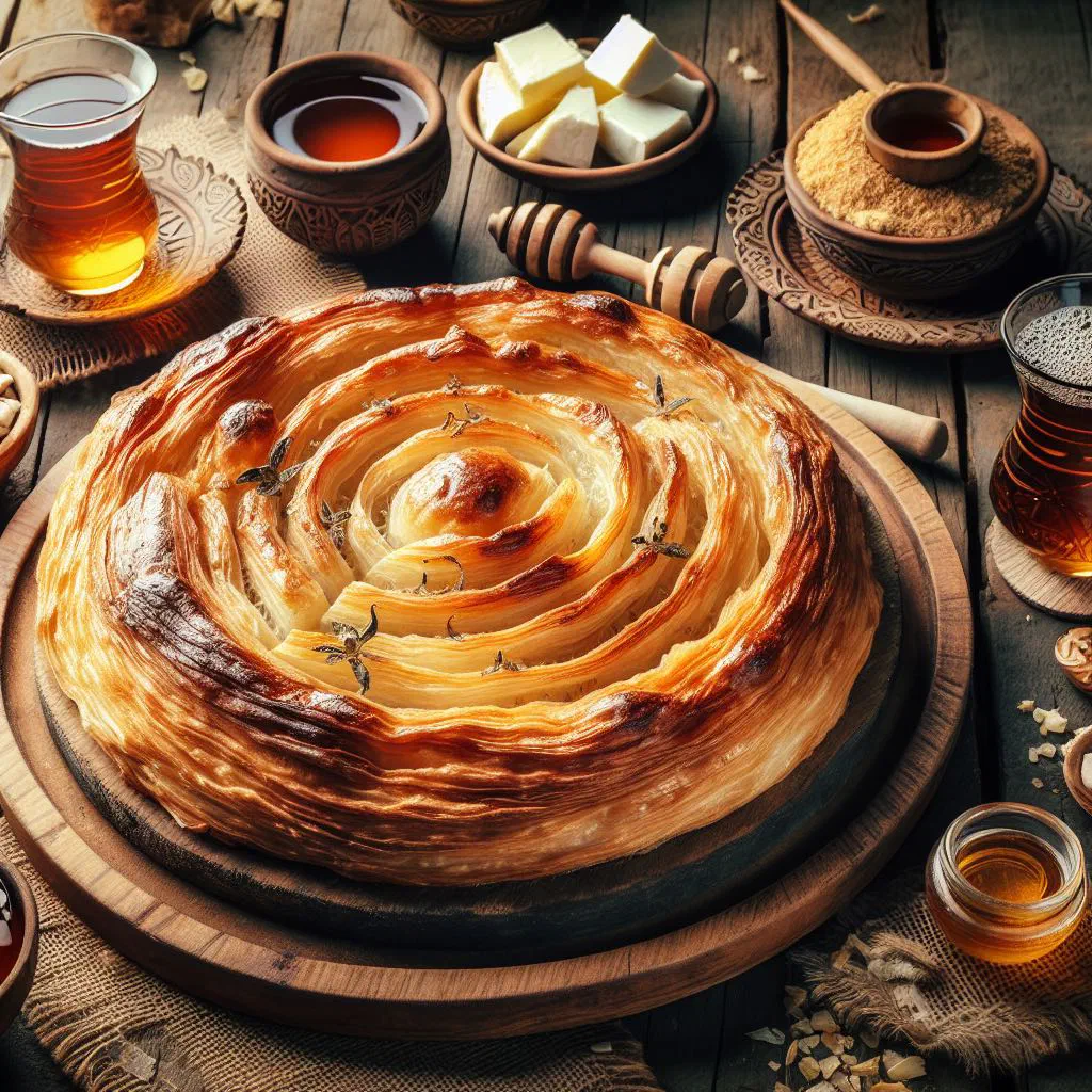 Golden layered Feteer pastry served on a plate with fresh herbs