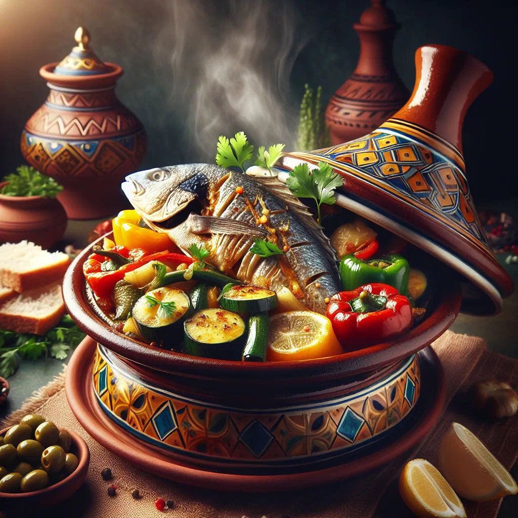 Fish tagine with vegetables and fresh herbs in a clay tagine pot