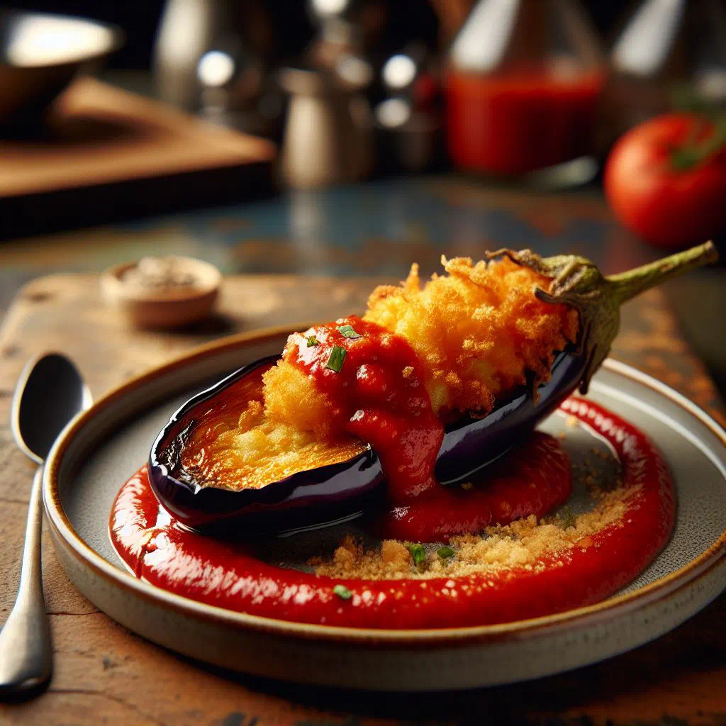Golden fried eggplant simmered in a rich tomato sauce, garnished with fresh coriander