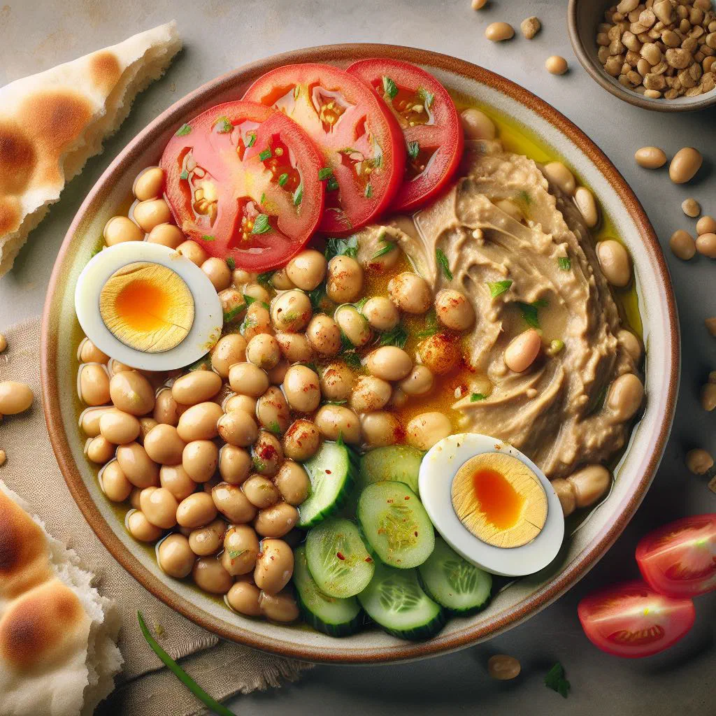 Bowl of ful medames topped with olive oil, parsley and lemon
