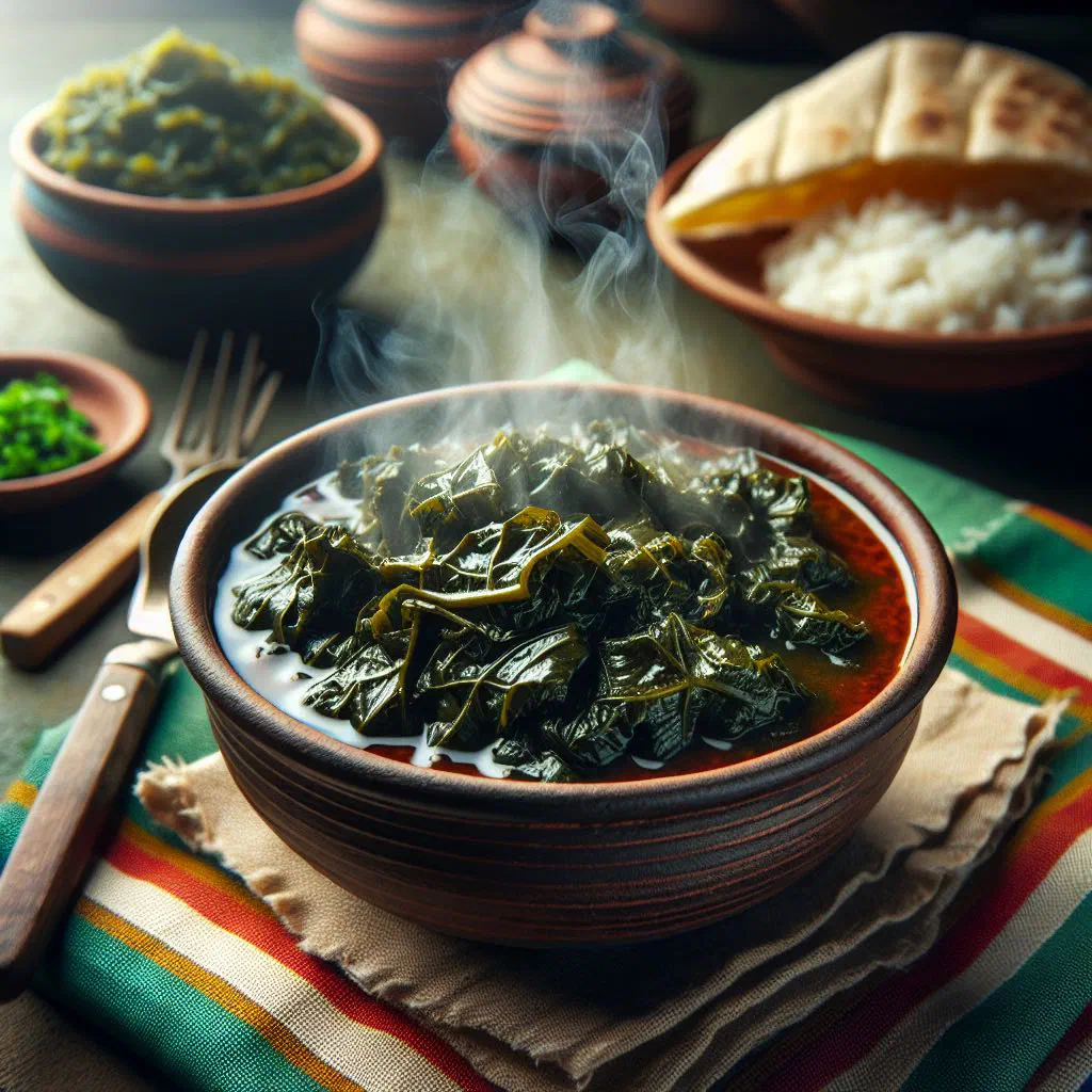 A bowl of Sudanese kardy made from tender stewed mallow leaves