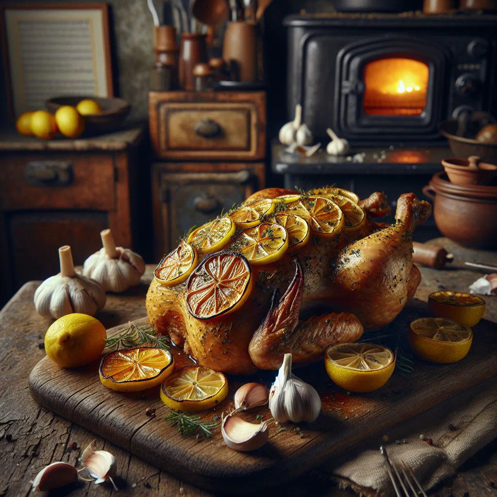 Roast chicken breasts glazed with lemon and garlic, garnished with fresh parsley
