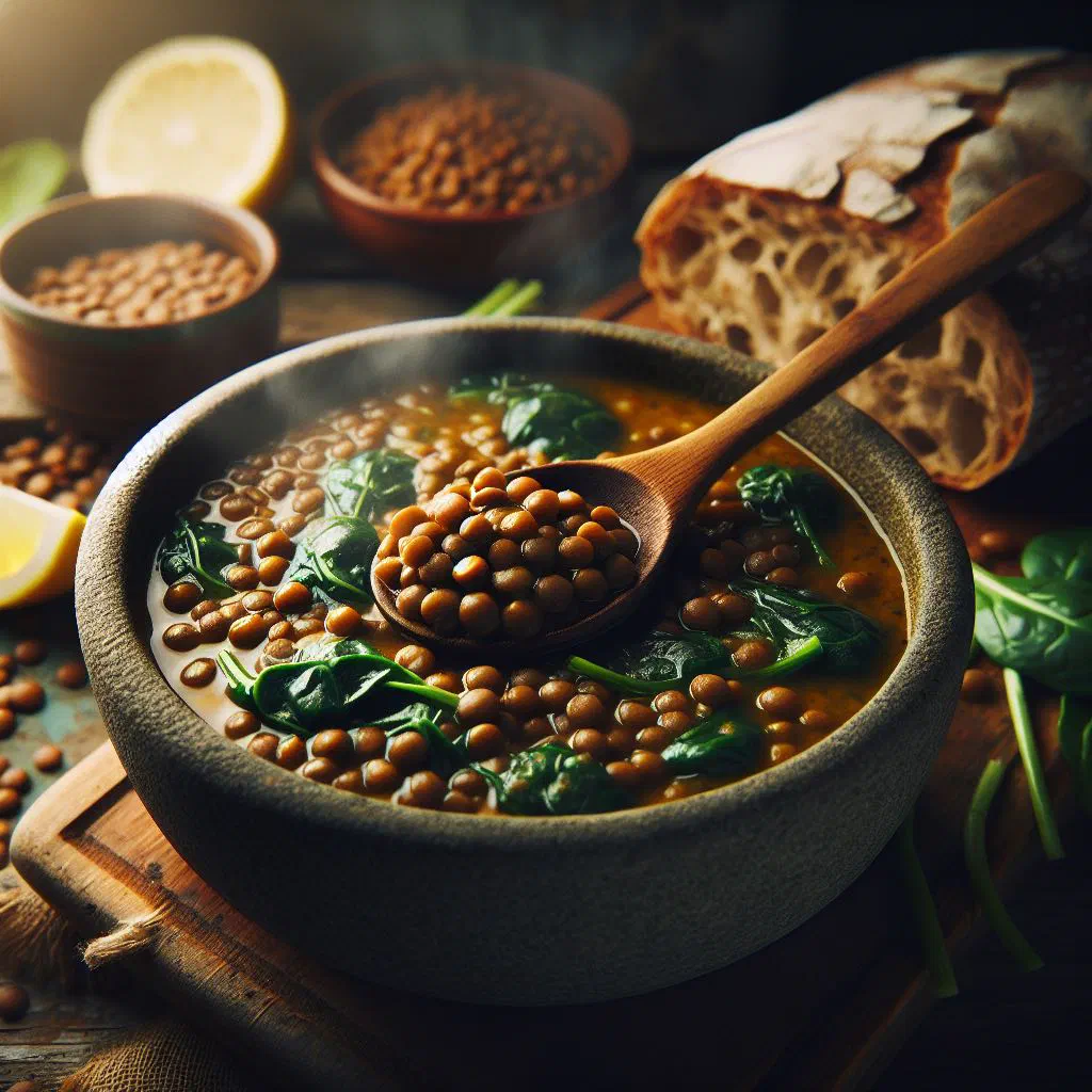 A bowl of Sudanese lentil and spinach stew garnished with fresh herbs