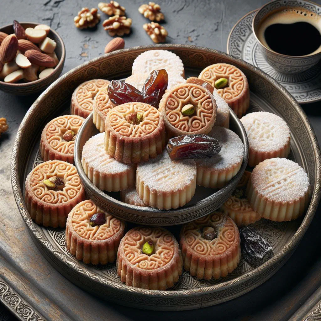 Maamoul date-filled shortbread pastries dusted with icing sugar