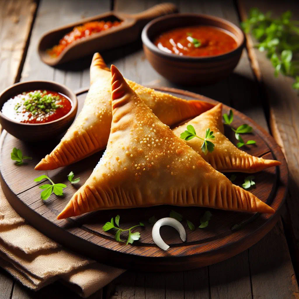 Golden, crisp meat sambusa triangles filled with spiced minced meat