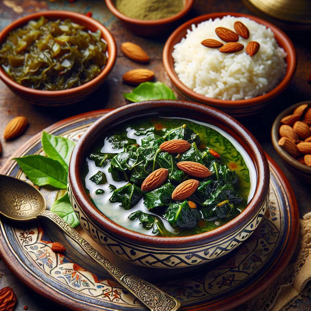 A bowl of green mulukhiyah stew served with rice