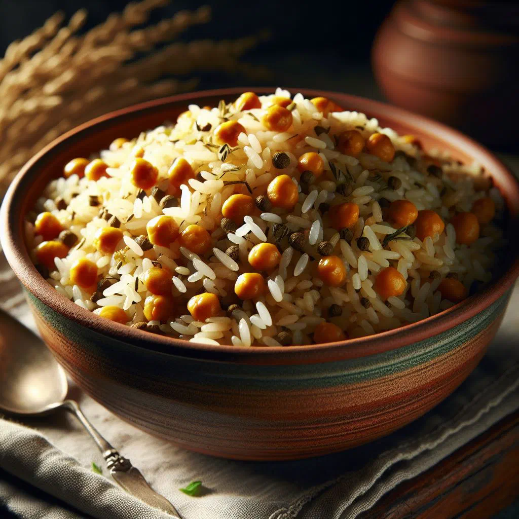 Fragrant rice and lentil pilaf garnished with fresh herbs
