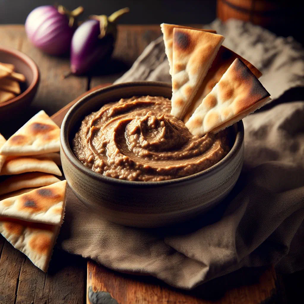 Smoky roasted eggplant dip drizzled with olive oil and garnished with parsley