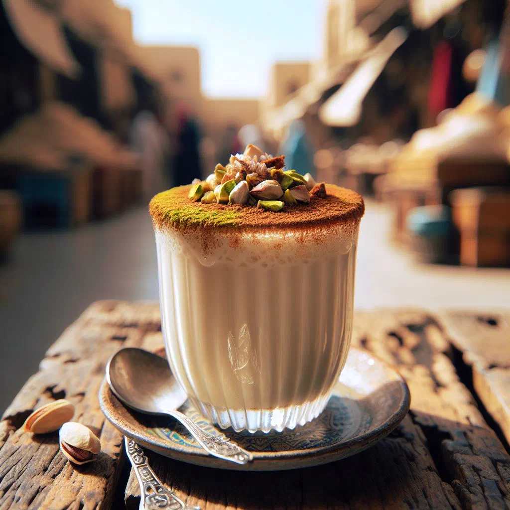 Creamy hot sahlab in a cup topped with chopped nuts and cinnamon