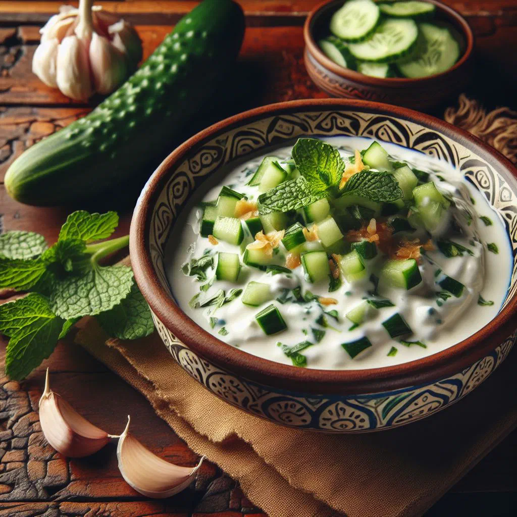Bowl of creamy Sudanese yoghurt salad with cucumber, tomato and fresh mint