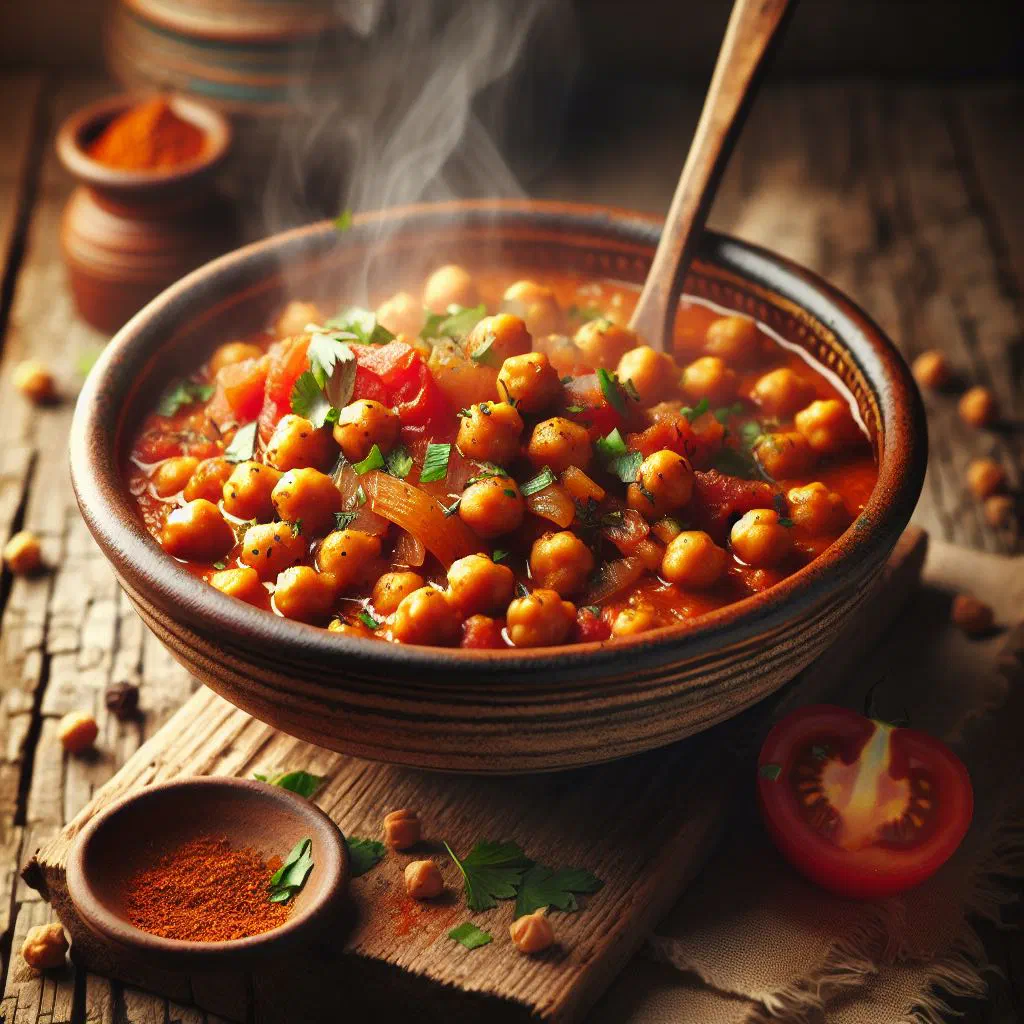 A bowl of spiced chickpea stew garnished with fresh coriander