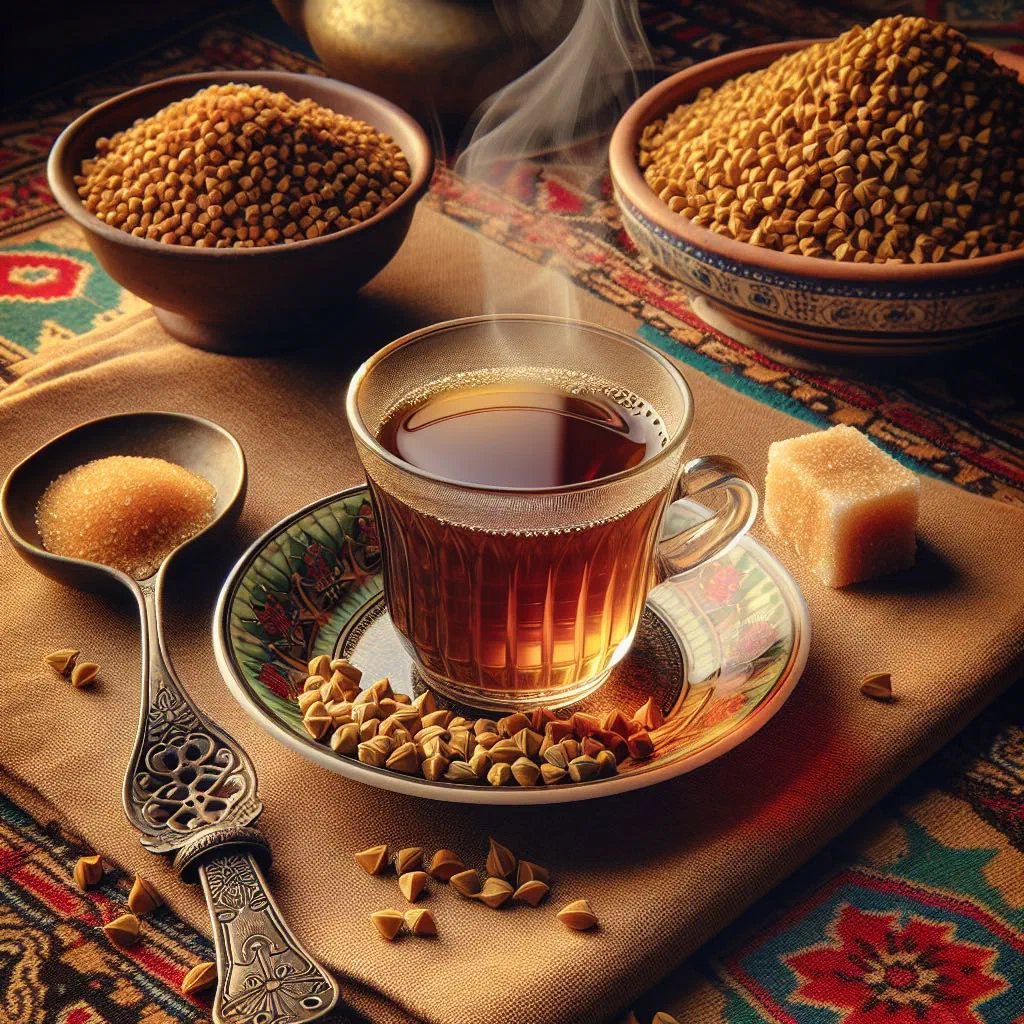 A warm cup of Sudanese fenugreek tea garnished with cinnamon