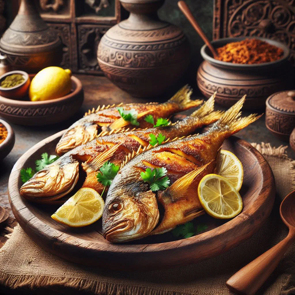 Golden crispy Sudanese fried fish garnished with lemon wedges