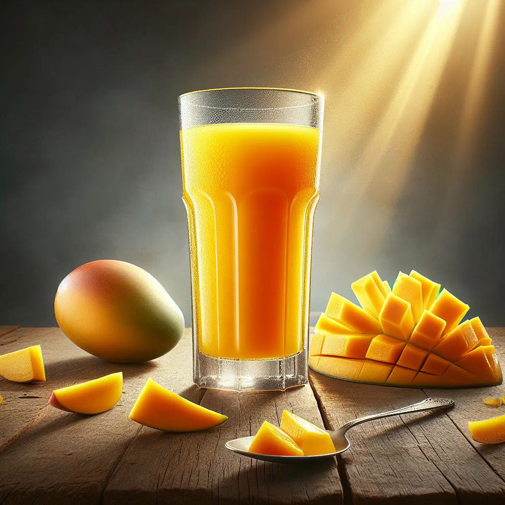 A chilled glass of Sudanese mango juice garnished with mint and ice