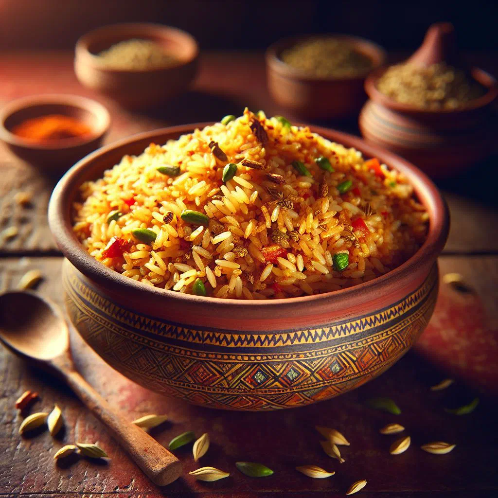 A bowl of fragrant Sudanese spiced rice garnished with fresh herbs
