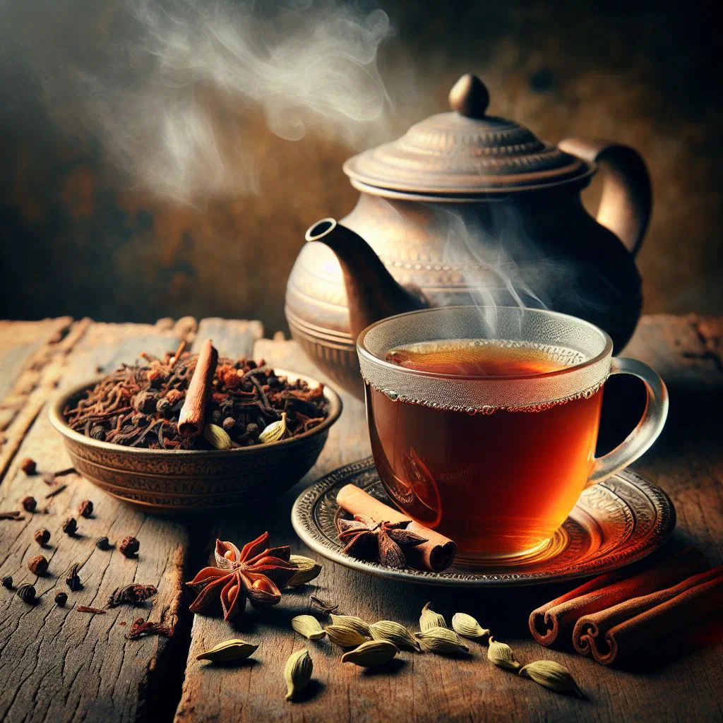 Glass of Sudanese spiced tea with cinnamon and cardamom