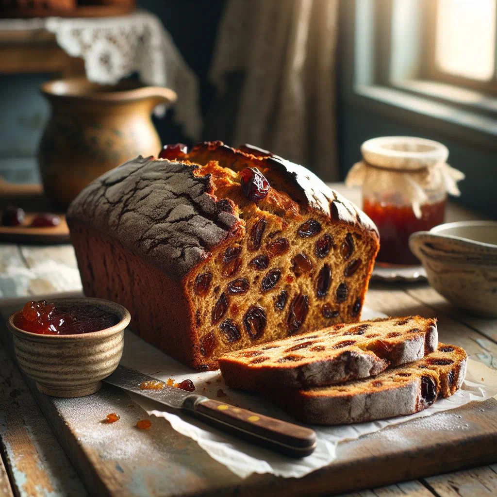 Sliced sweet date bread studded with soft dates and warming spices