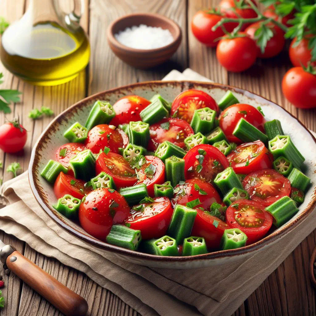 Fresh tomato and okra salad garnished with mint leaves