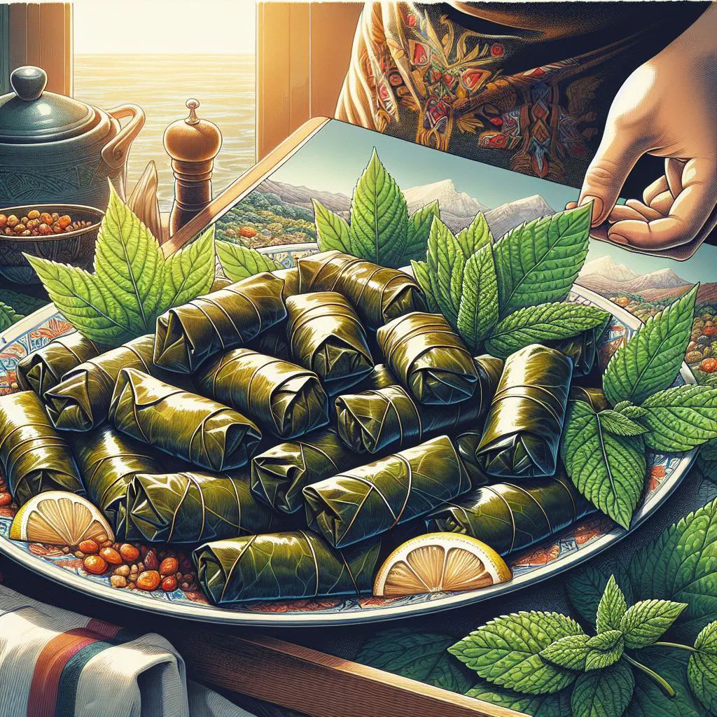 Sudanese warak enab stuffed vine leaves arranged on a plate with lemon