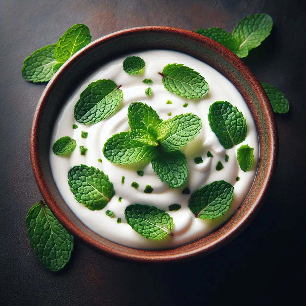 Bowl of creamy yogurt and mint salad garnished with fresh mint