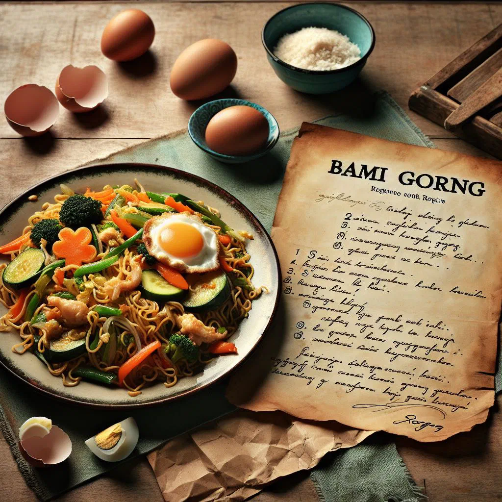 Stir-fried Surinamese bami goreng with egg noodles, vegetables and spring onions